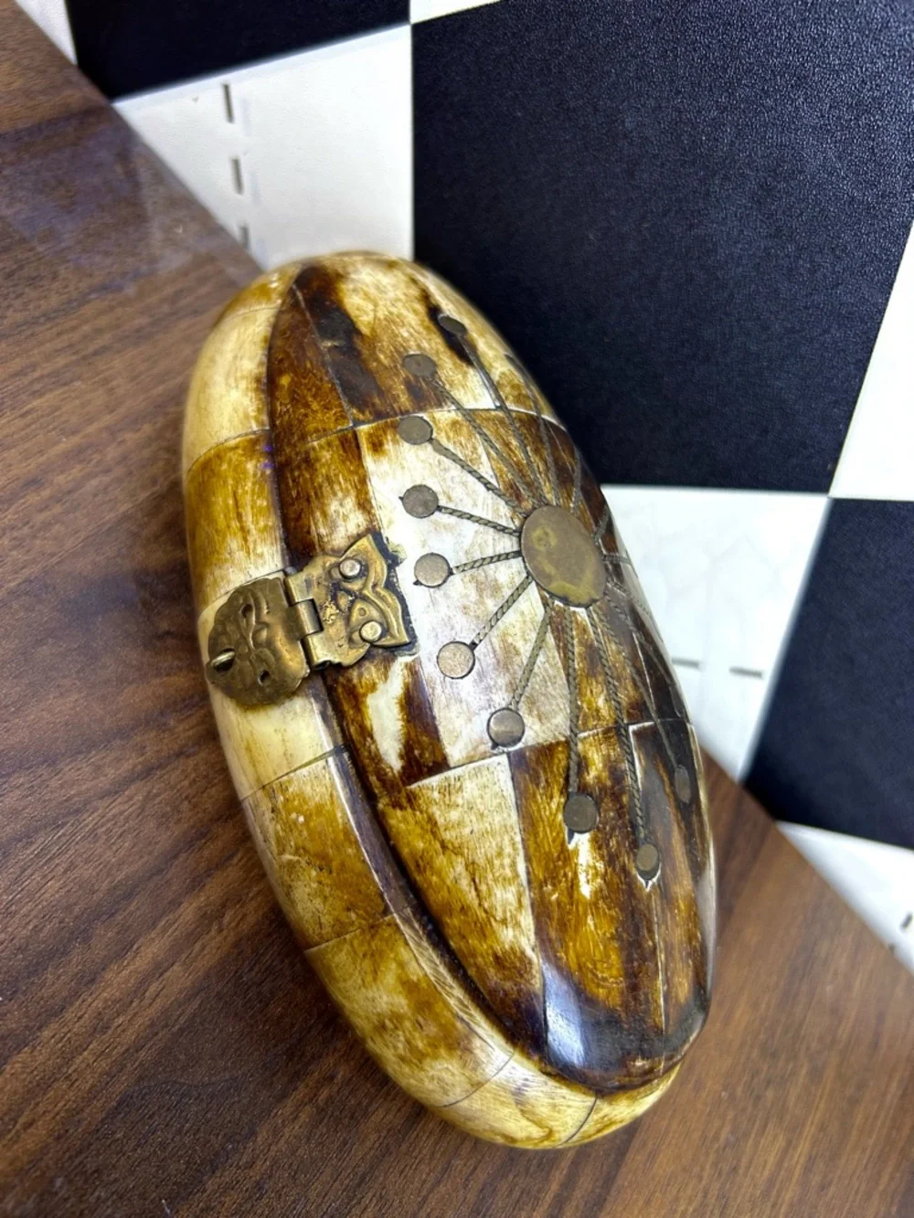 Vintage Bovine Bone Trinket Box Brass‎ Inlay Jewelry Box Collectible Carmel Bone